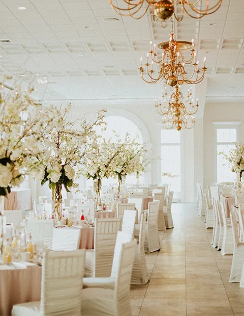 Tables and chandeliers in Kay's Pier North