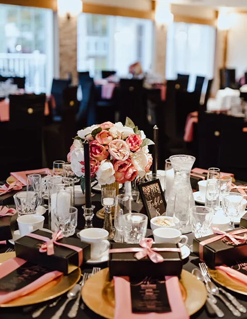 Table decorated for an event in the Glass Room