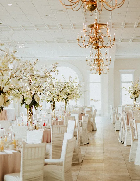 Tables and chandeliers in Kay's Pier North